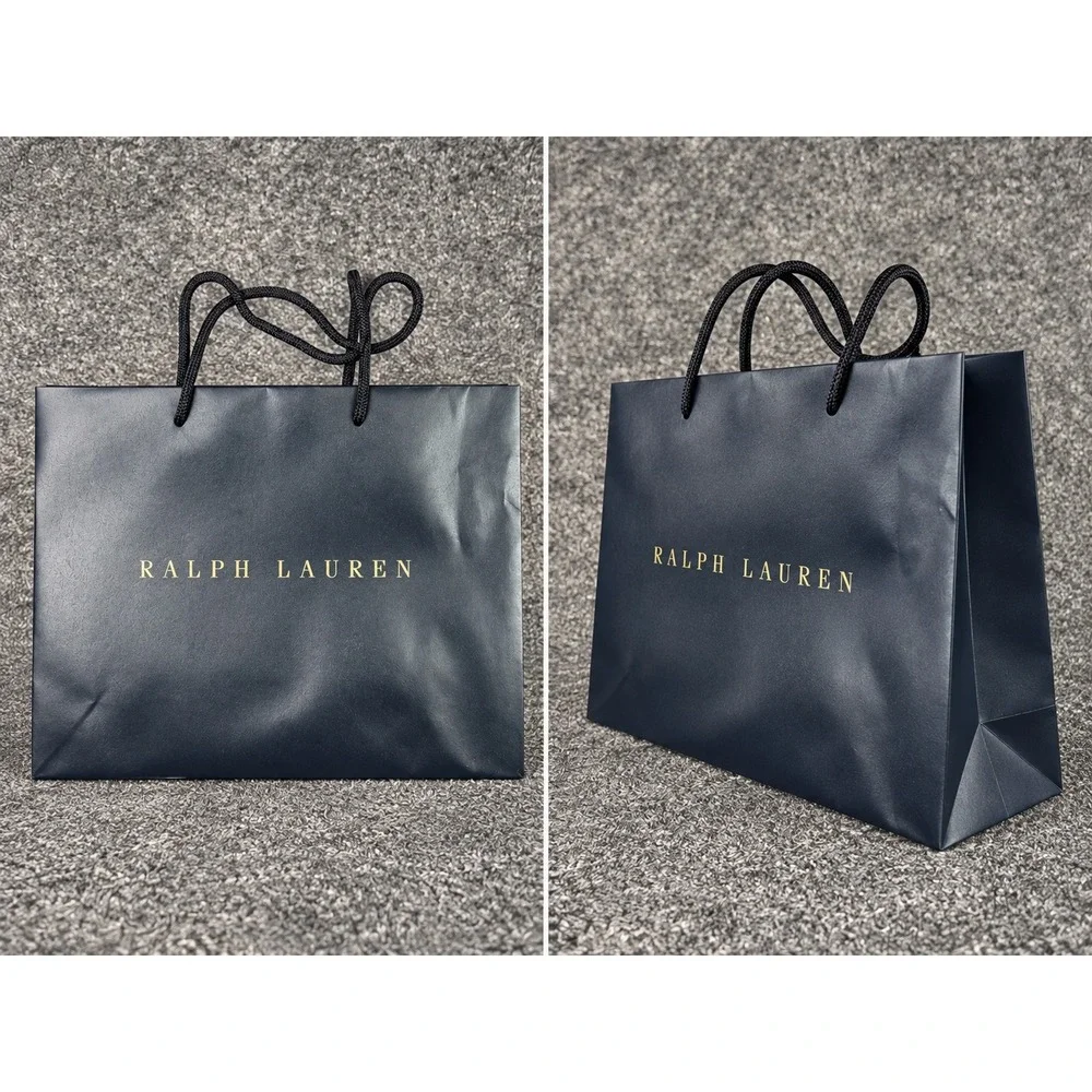 Ralph Lauren Navy Blue Large Paper Shopping Bag Gold Logo Rope Handles 16x11x4